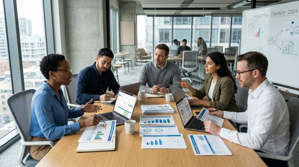 Gruppe af digitale marketingprofessionelle i mødelokale.