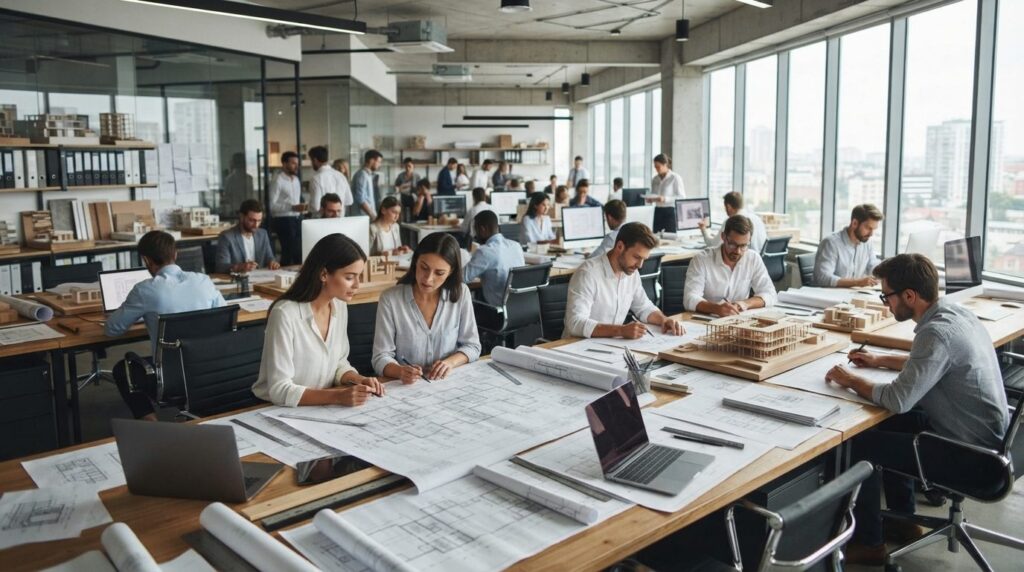 Busy architecture firm office with multiple employees workin