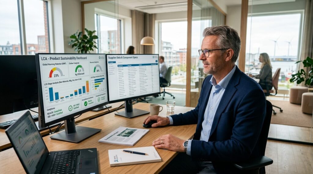 Professional business photograph of a Danish SME owner worki