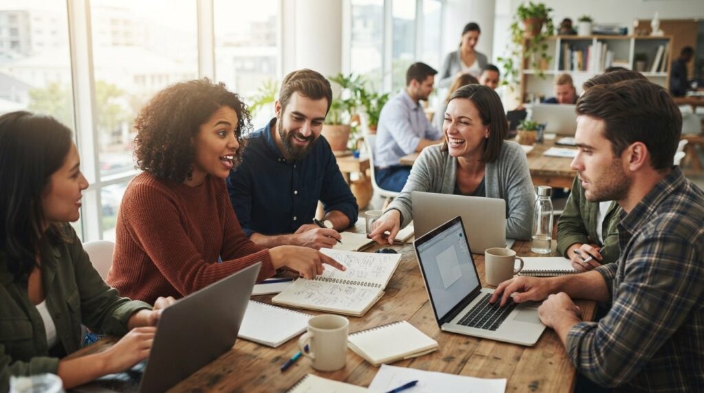 Close-up shot of a creative team brainstorming around a wood