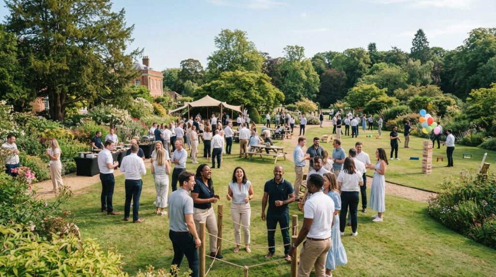 Wide angle view of employees enjoying an outdoor team buildi