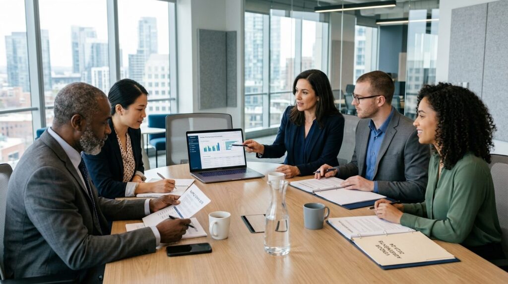 Business team meeting in modern conference room reviewing ve