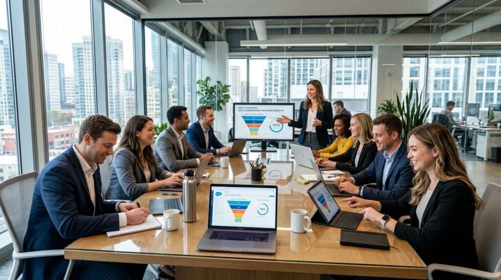 Wide shot of startup team in collaborative meeting around co