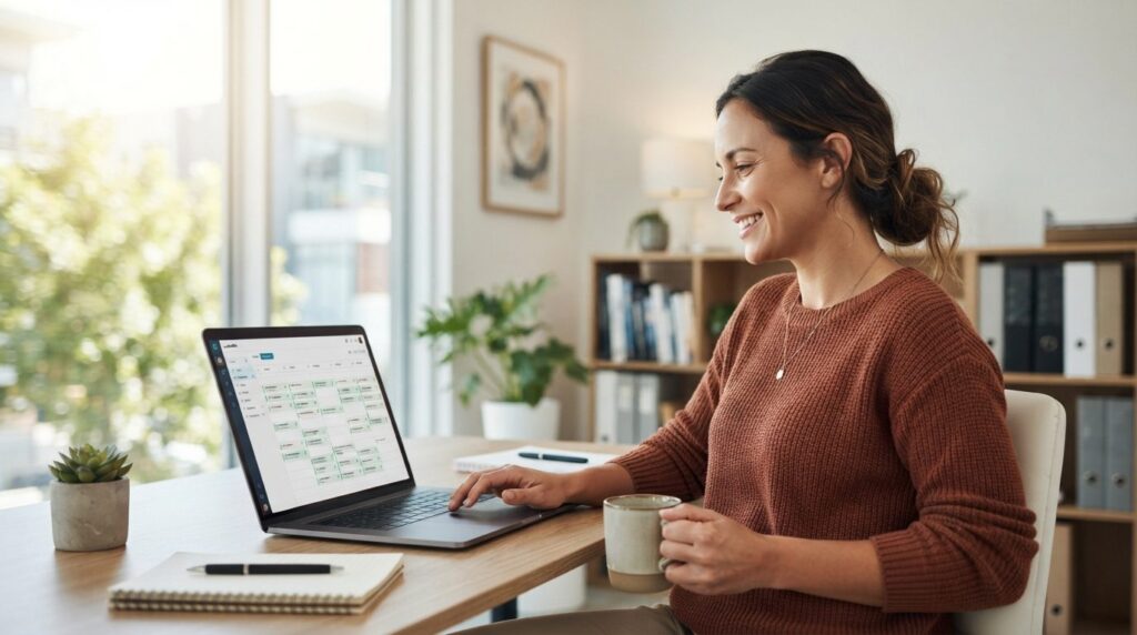Business owner or consultant sitting at desk looking relieve
