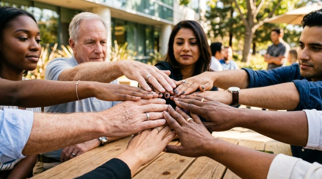 Close-up shot of hands of mixed professional team members re