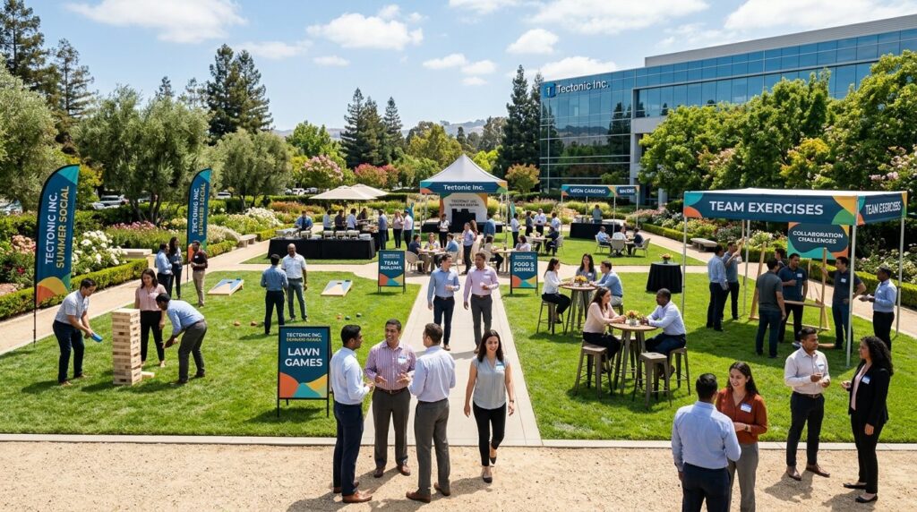 Wide angle view of organized outdoor company event setup wit