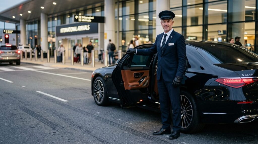 Experienced professional male chauffeur in uniform and white