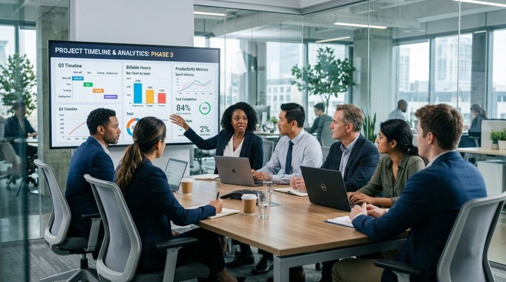 Team meeting in modern office boardroom with diverse profess
