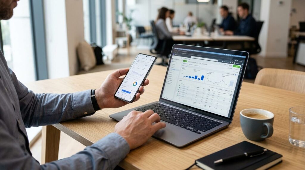 Close-up of businessmans hands holding smartphone and lapto