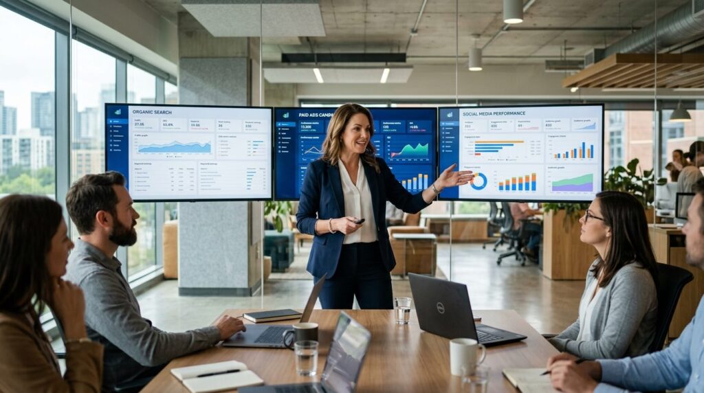 Female entrepreneur in modern office presenting data-driven