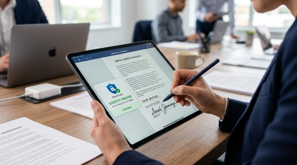 Close-up of a hand signing a contract digitally on a tablet 