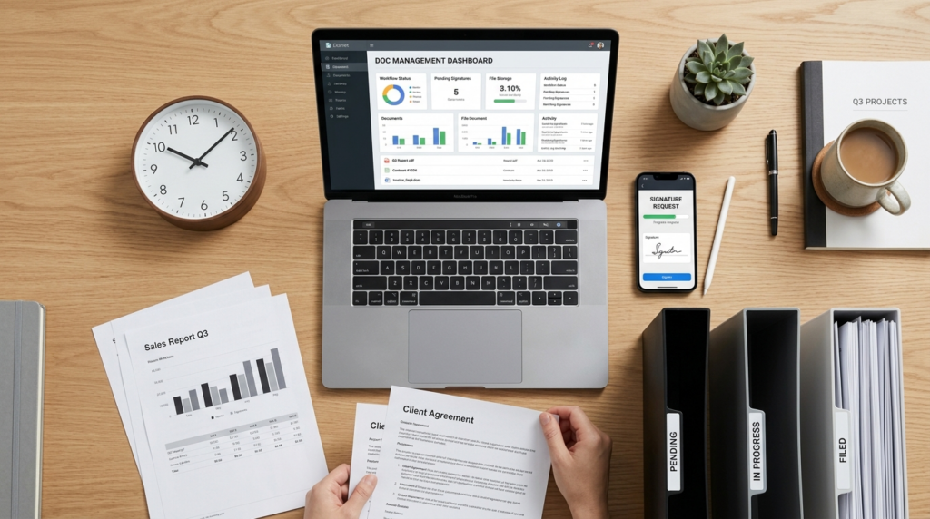 Overhead flat lay composition: A desk with a laptop showing 