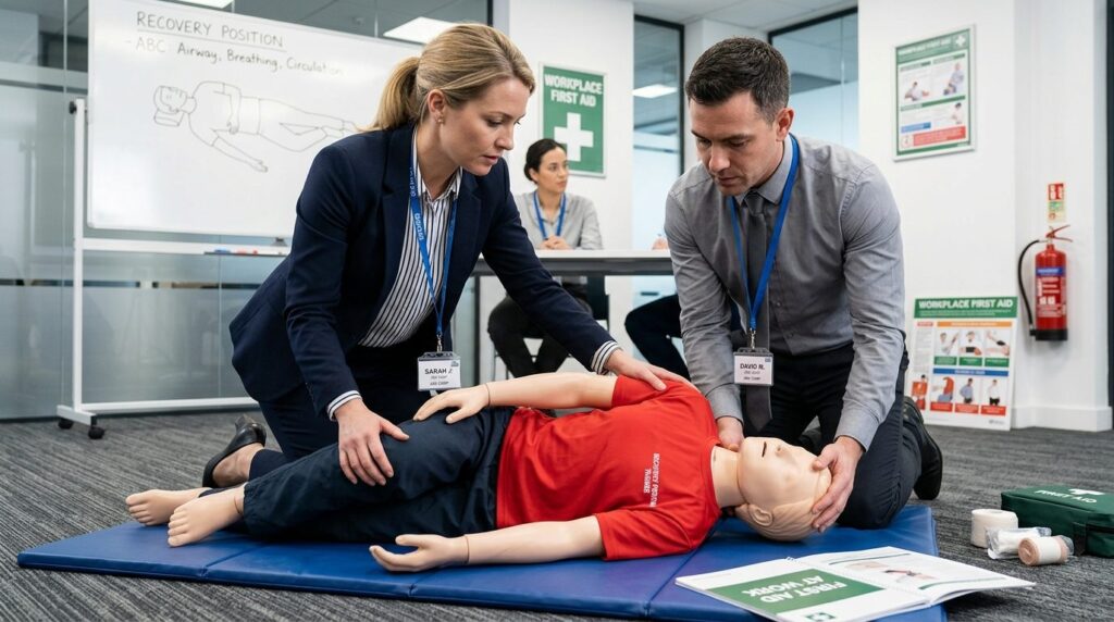 Close-up of a business woman and man practicing first aid re