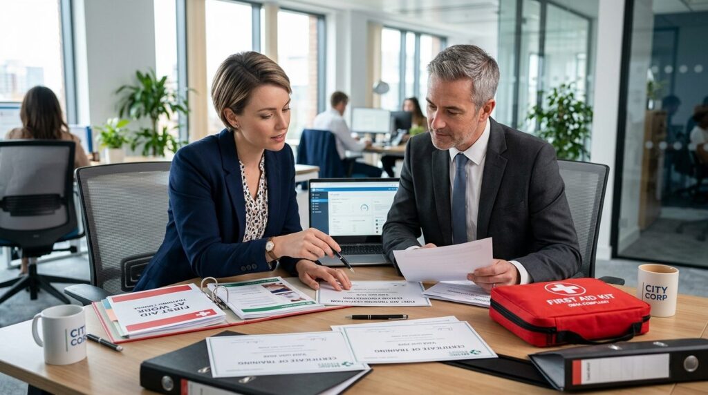 HR manager and company leader reviewing first aid certificat
