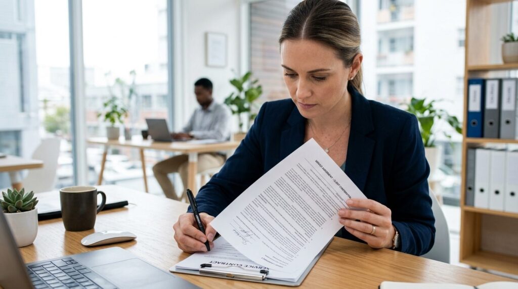 Close-up of business owner reviewing service contract docume